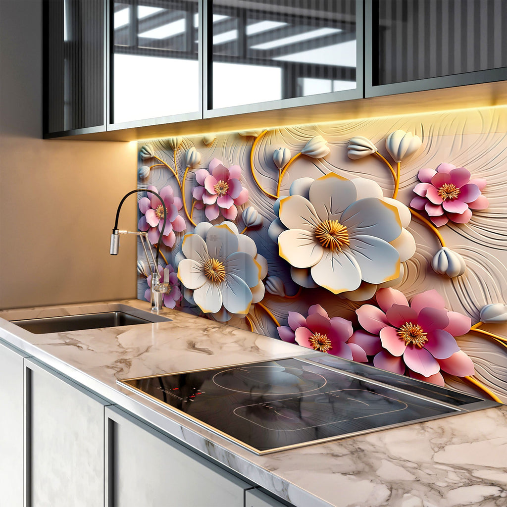 Blush & Ivory Floral Elegance - Glass Kitchen Backsplash-BacksplashArtworks
