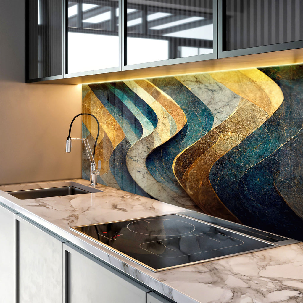 Elegant Navy & Gold - Glass Kitchen Backsplash-BacksplashArtworks