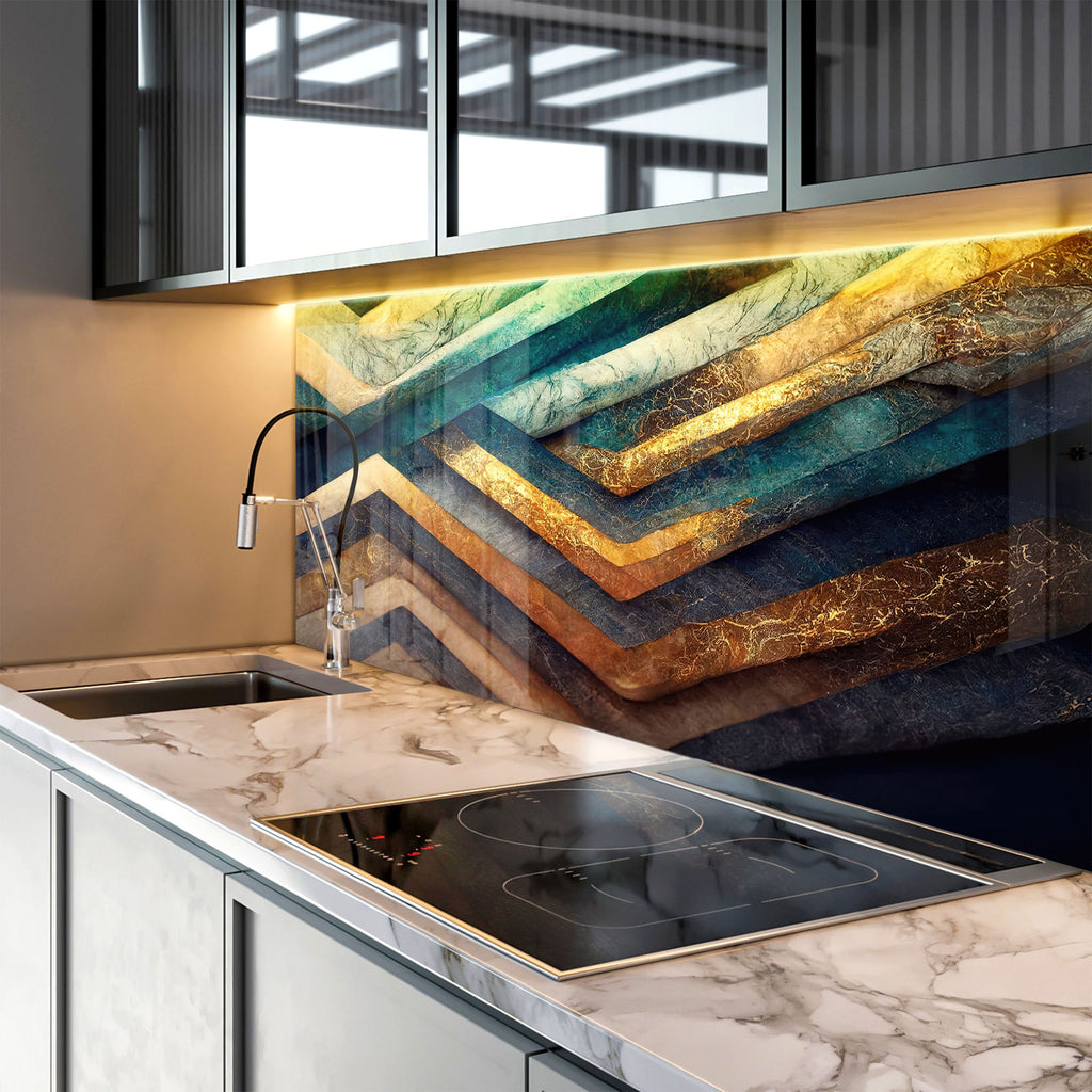 Golden Flow – Luxurious - Glass Kitchen Backsplash-BacksplashArtworks