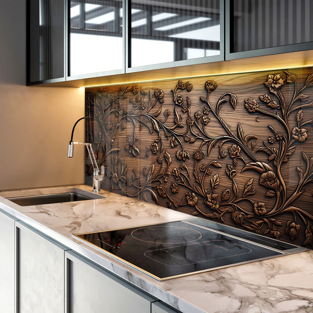 Rustic Elegance: Engraved Floral - Glass Kitchen Backsplash-BacksplashArtworks