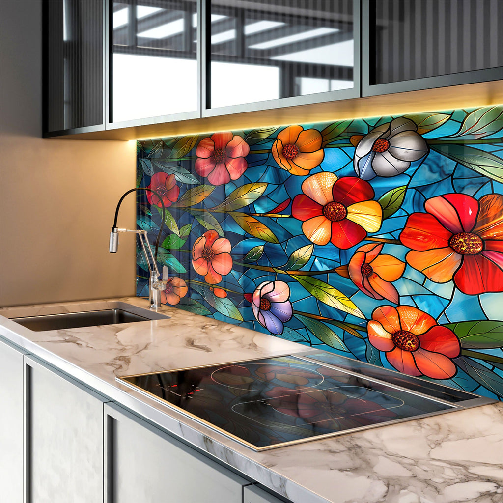 Stained Glass Garden - Glass Kitchen Backsplash-BacksplashArtworks