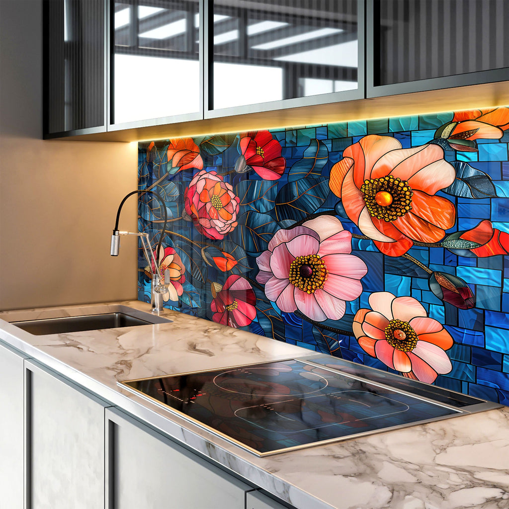 Stained Glass Floral Art - Glass Kitchen Backsplash-BacksplashArtworks