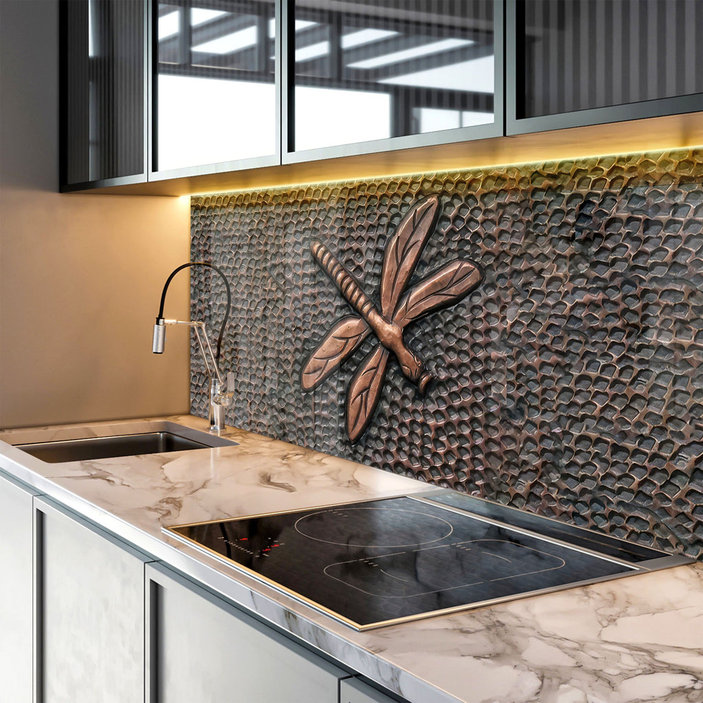 Copper Dragonfly - Tempered Glass Kitchen Backsplash-BacksplashArtworks