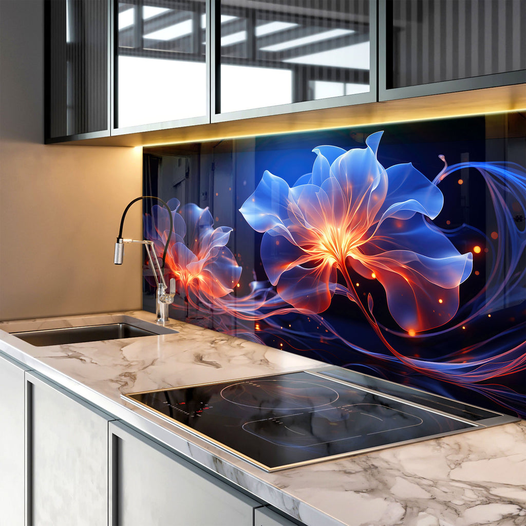 Glowing Neon Floral Art - Glass Kitchen Backsplash-BacksplashArtworks