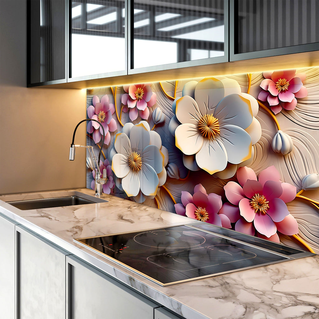 Soft Bloom Elegance - Glass Kitchen Backsplash-BacksplashArtworks