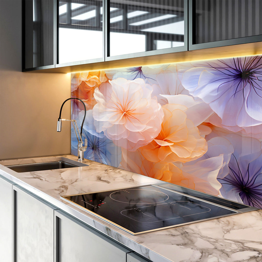 Ethereal Floral Dream - Glass Kitchen Backsplash-BacksplashArtworks