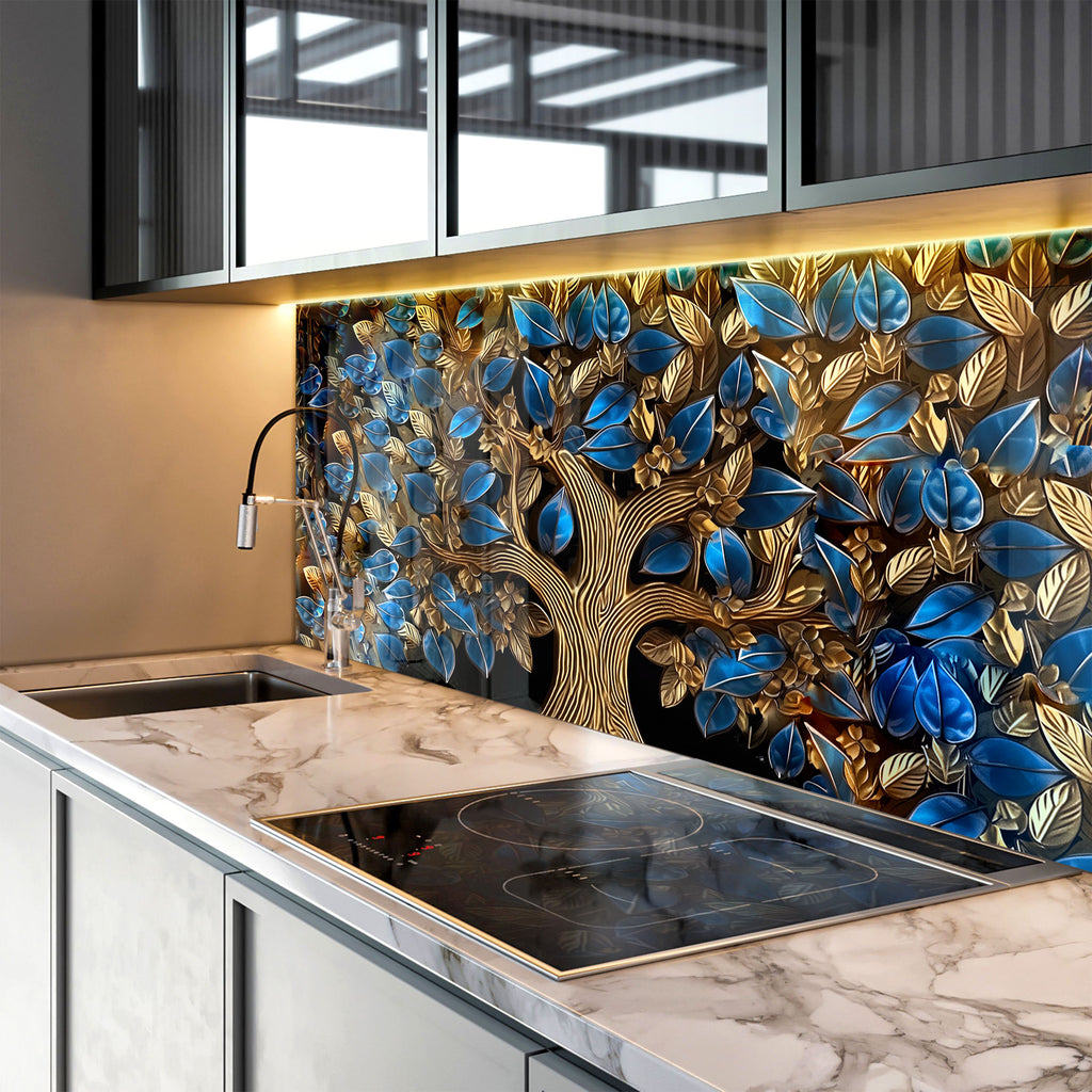 Golden Sapphire Tree - Glass Kitchen Backsplash-BacksplashArtworks
