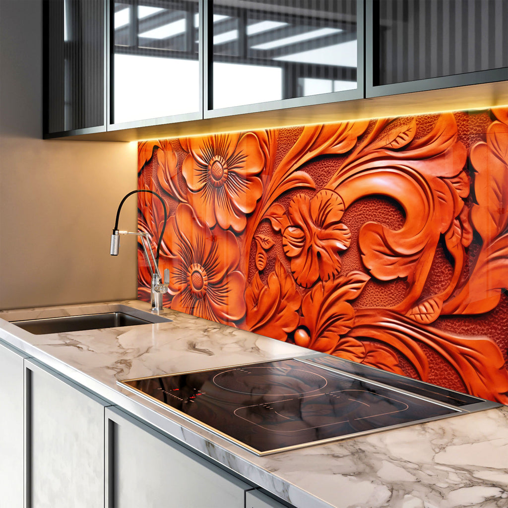 Fiery Floral Engraving - Glass Kitchen Backsplash-BacksplashArtworks
