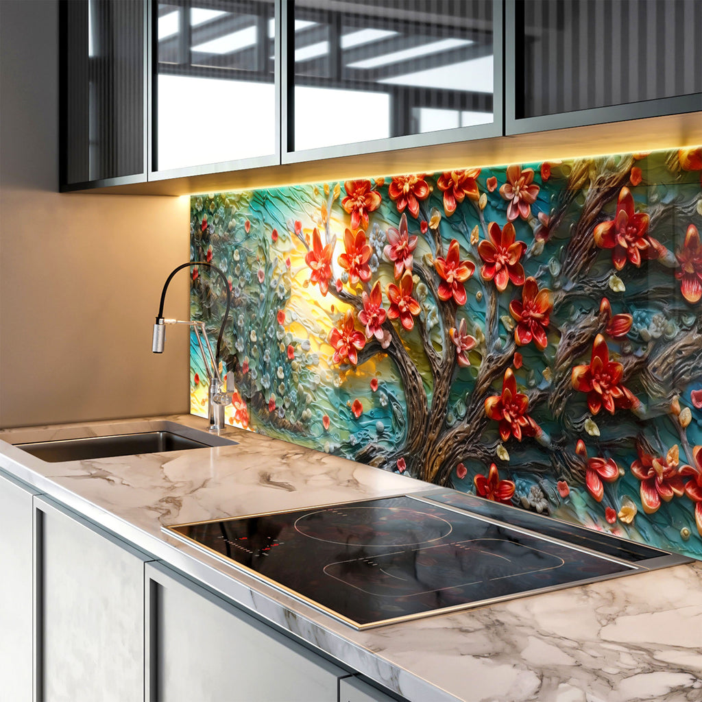 Blossoming Sunrise Tree - Glass Kitchen Backsplash-BacksplashArtworks