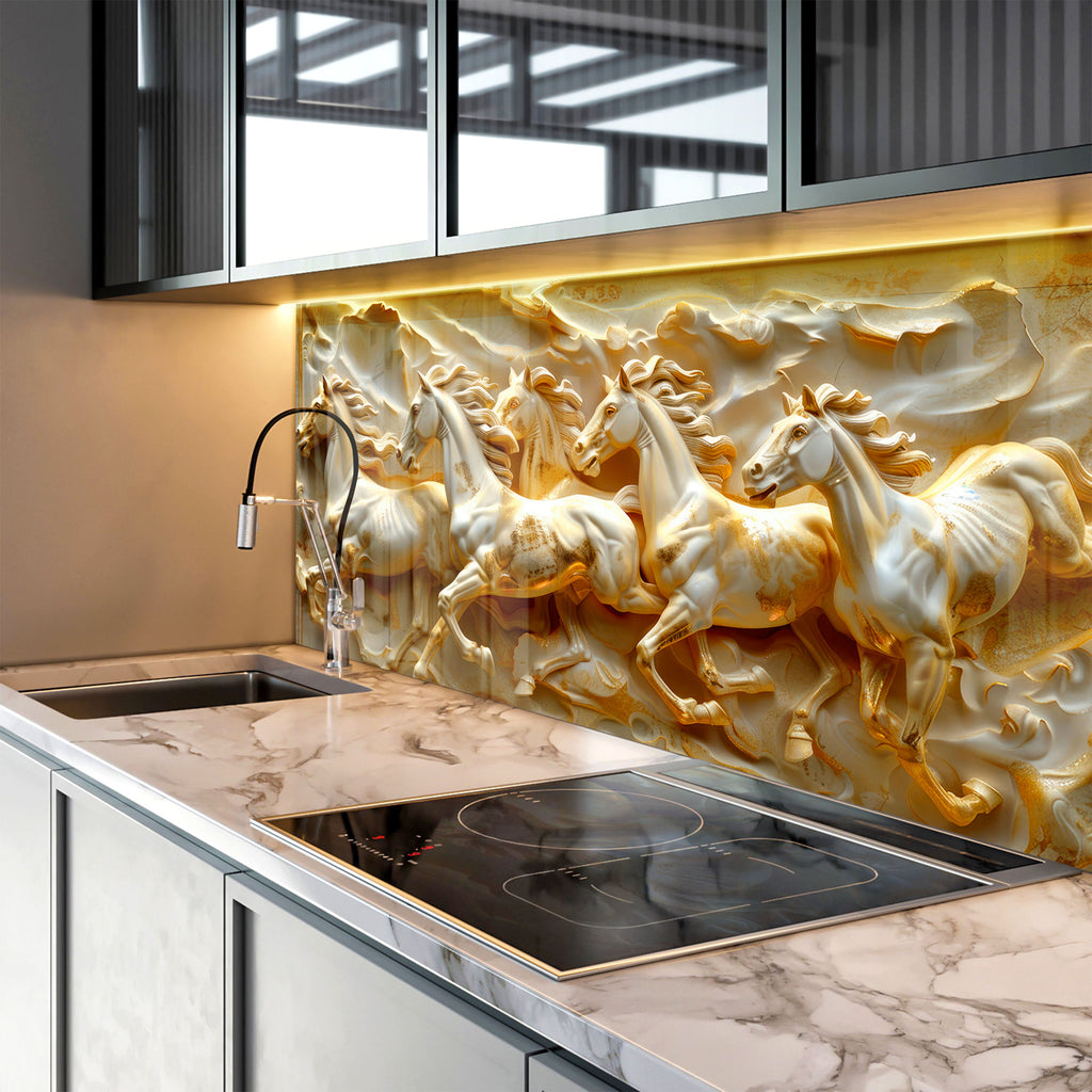 Golden Stallion Majesty - Embossed Glass Kitchen Backsplash-BacksplashArtworks