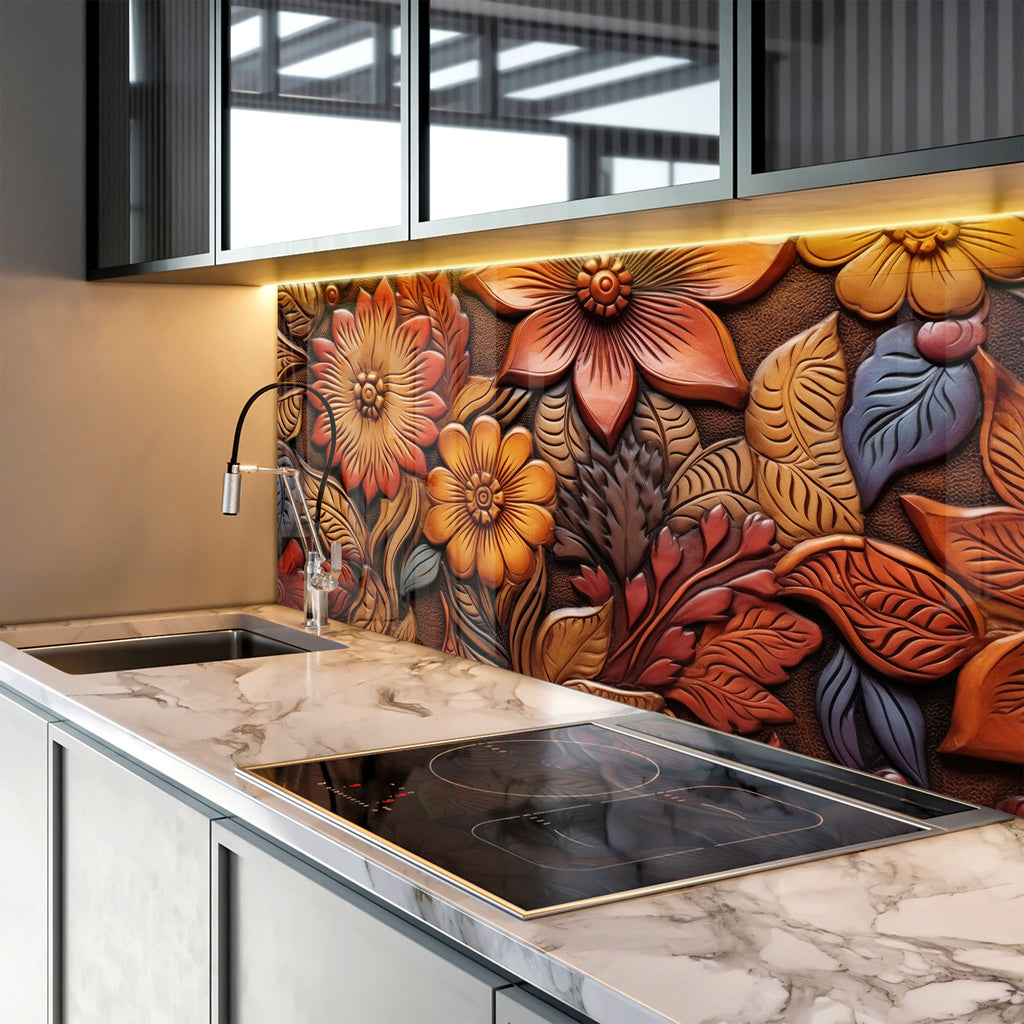 Autumn Blossom Engraved - Glass Kitchen Backsplash-BacksplashArtworks