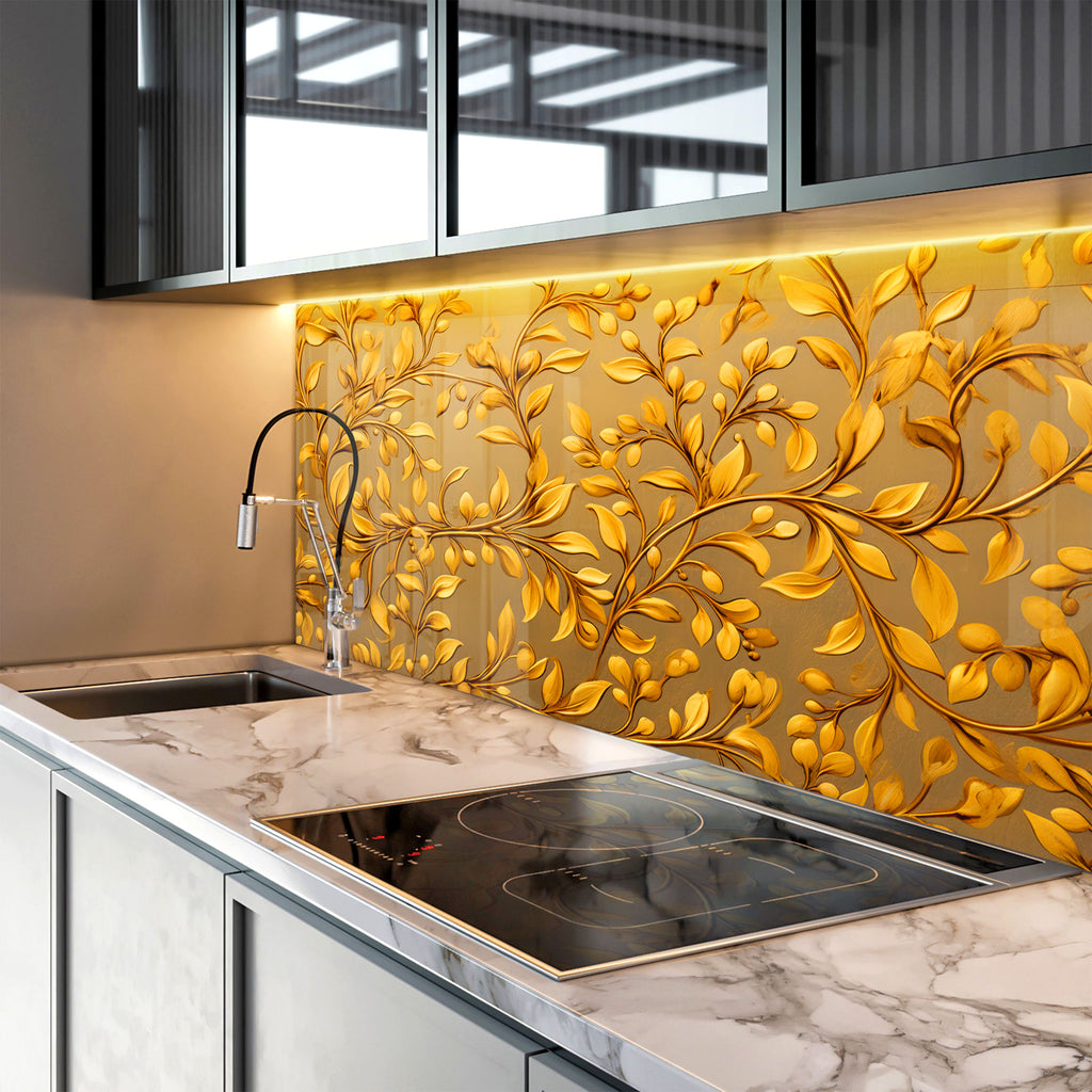 Golden Vine Elegance - Glass Kitchen Backsplash-BacksplashArtworks