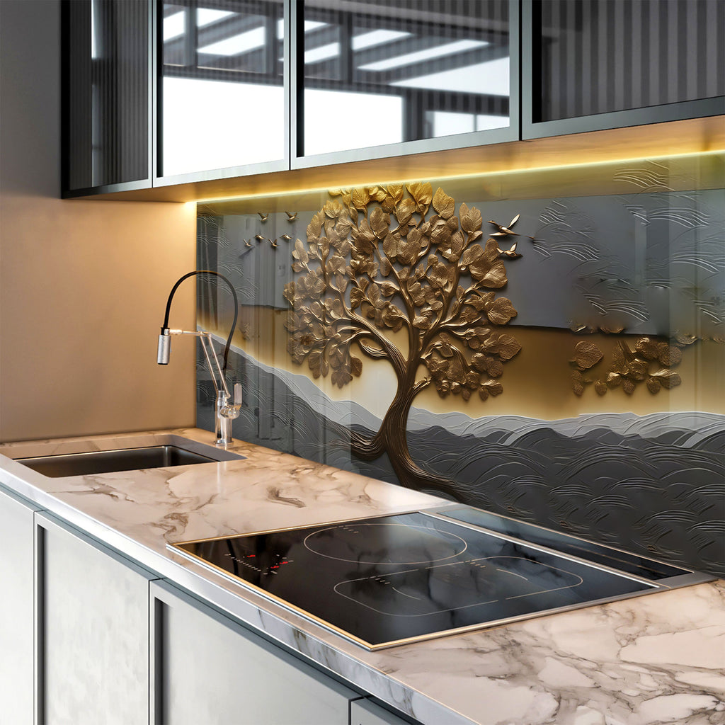 Golden Tree of Life - Glass Kitchen Backsplash-BacksplashArtworks