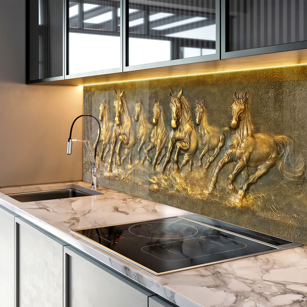 Golden Horses - Glass Kitchen Backsplash-BacksplashArtworks