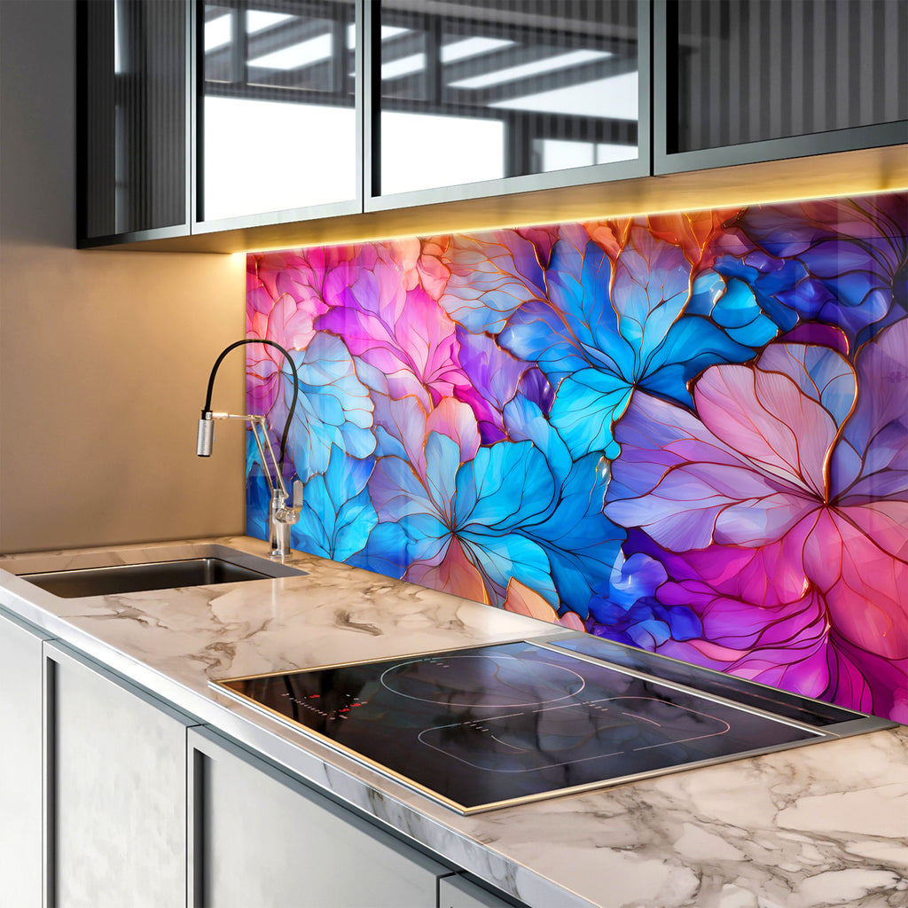 Radiant Floral Harmony - Glass Kitchen Backsplash-BacksplashArtworks