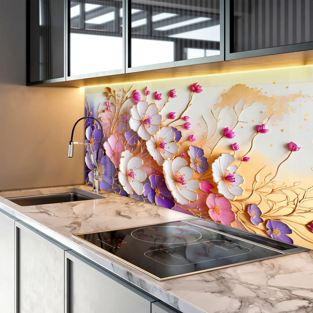 Golden Blossom Elegance - Glass Kitchen Backsplash-BacksplashArtworks