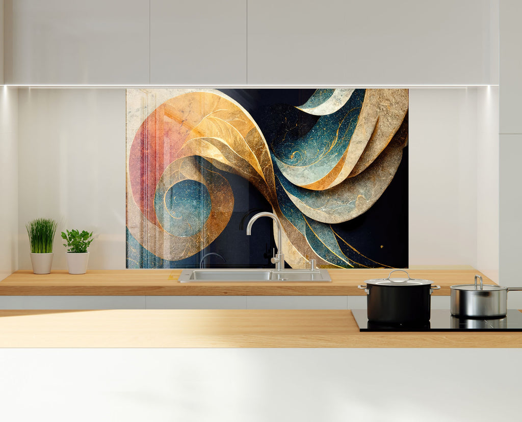 Abstract Gold & Blue - Glass Kitchen Backsplash-BacksplashArtworks