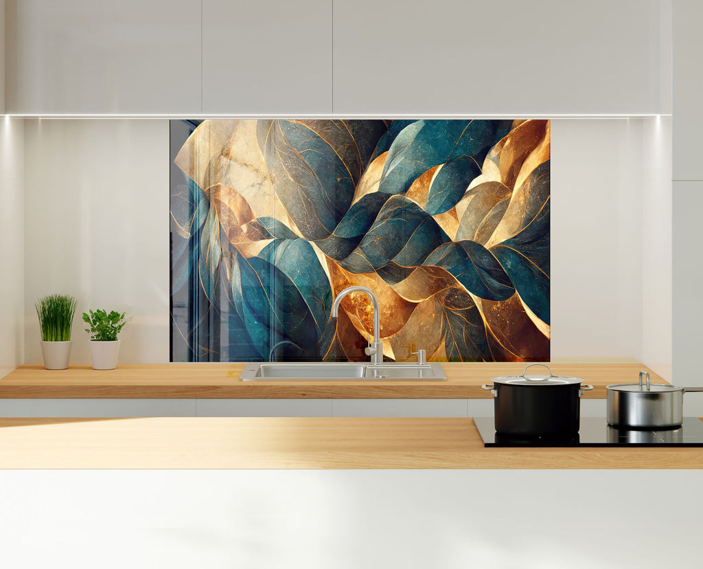 Golden Flow – Luxurious - Glass Kitchen Backsplash-BacksplashArtworks