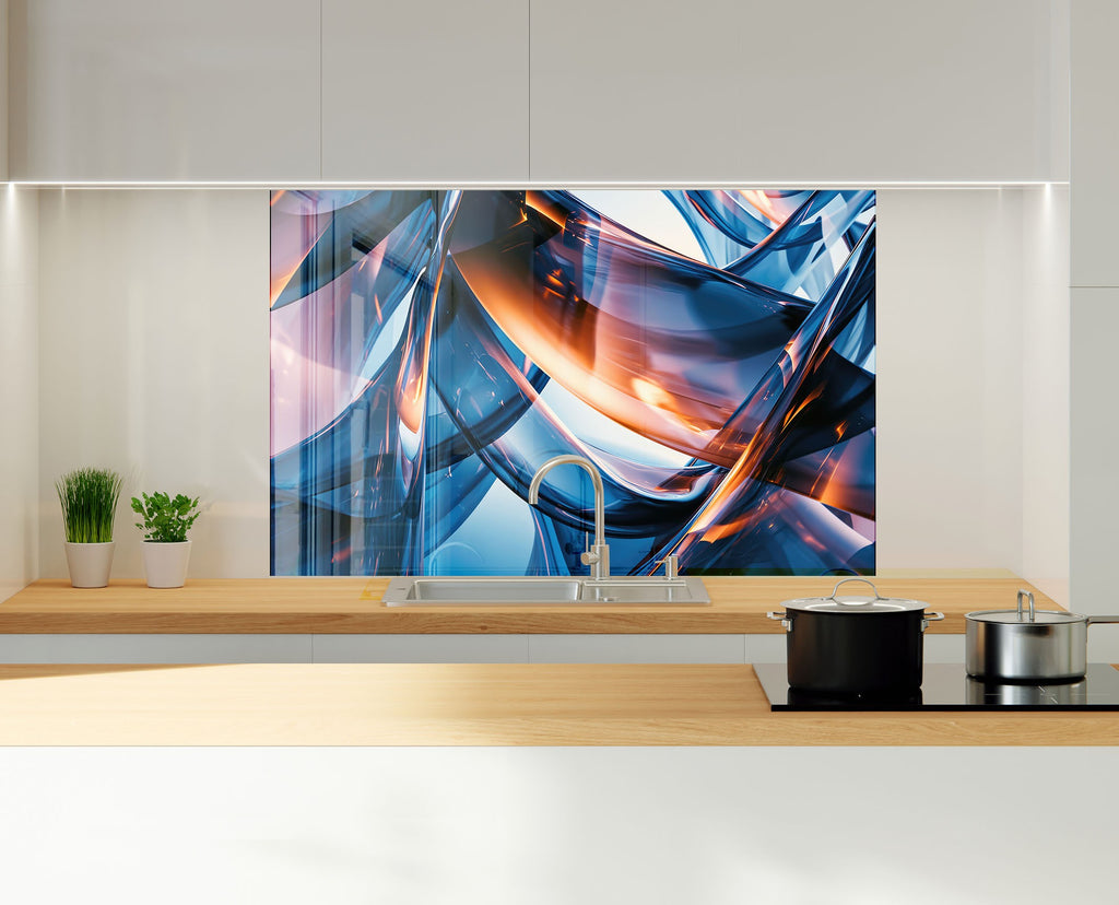 Blue Abstract Elegance – Glass Kitchen Backsplash-BacksplashArtworks