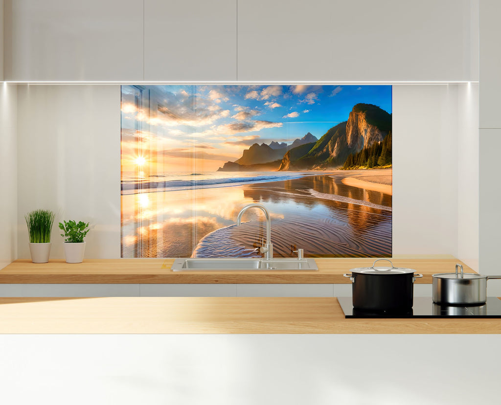 Majestic Mountain Beach Sunset Wall Art – Tempered Glass Kitchen Backsplash-BacksplashArtworks