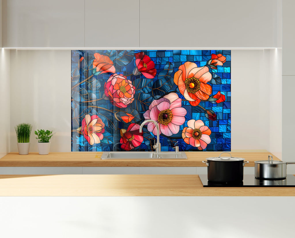Stained Glass Floral Art - Glass Kitchen Backsplash-BacksplashArtworks
