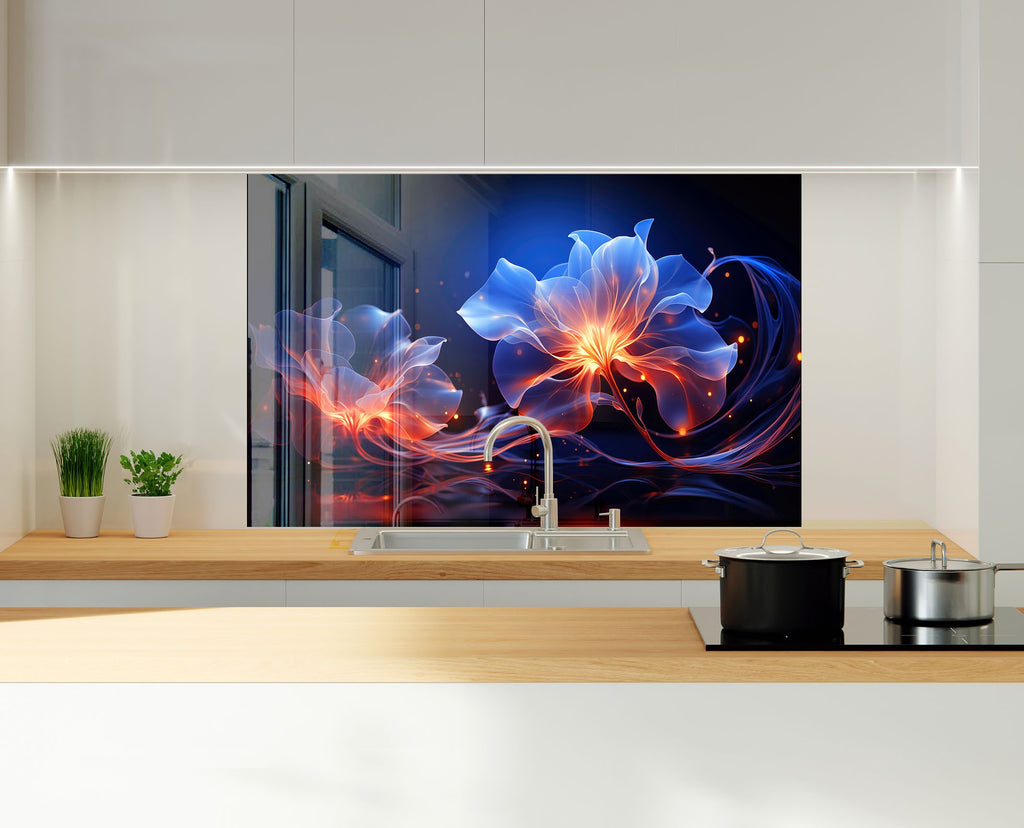 Glowing Neon Floral Art - Glass Kitchen Backsplash-BacksplashArtworks