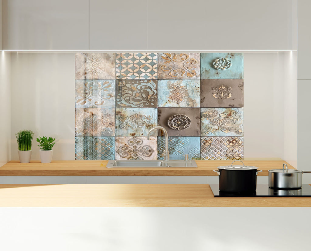 Tempered Glass Kitchen Backsplash with Vintage Tile Design and Gas Stove-BacksplashArtworks