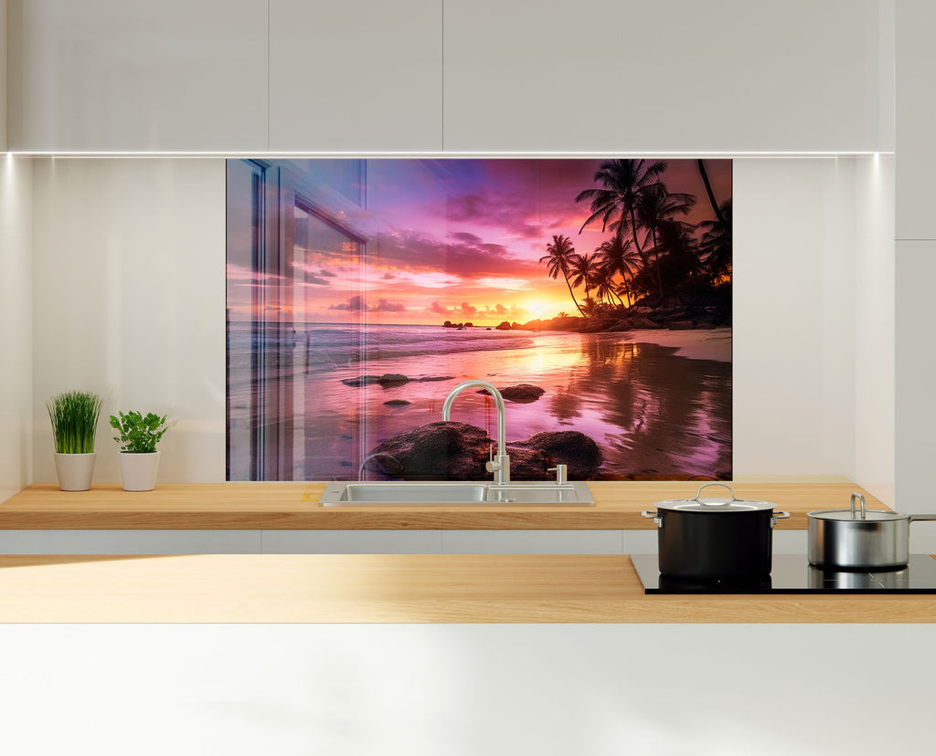 Tropical Sunset Beach Wall Art – Tempered Glass Kitchen Backsplash-BacksplashArtworks