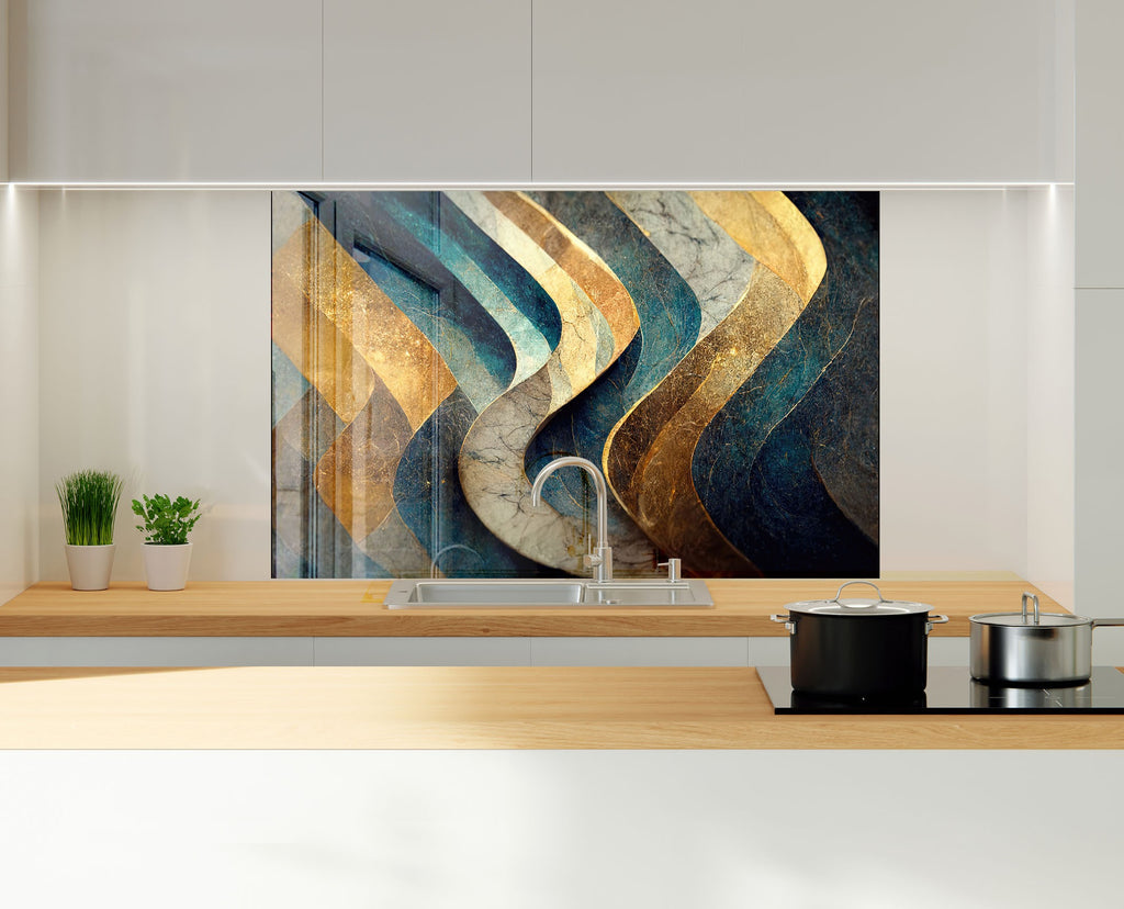 Elegant Navy & Gold - Glass Kitchen Backsplash-BacksplashArtworks
