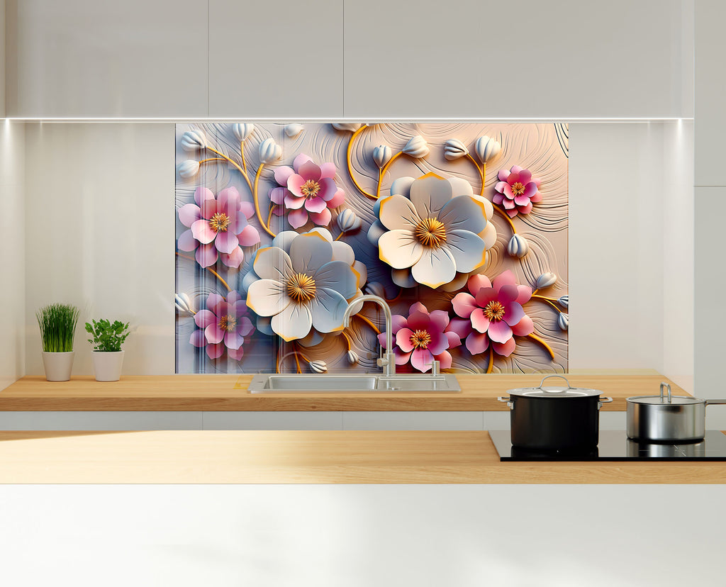 Soft Bloom Elegance - Glass Kitchen Backsplash-BacksplashArtworks