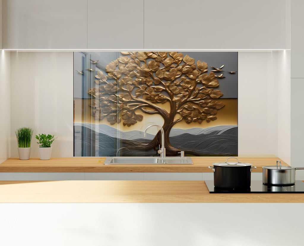 Golden Tree of Life - Glass Kitchen Backsplash-BacksplashArtworks