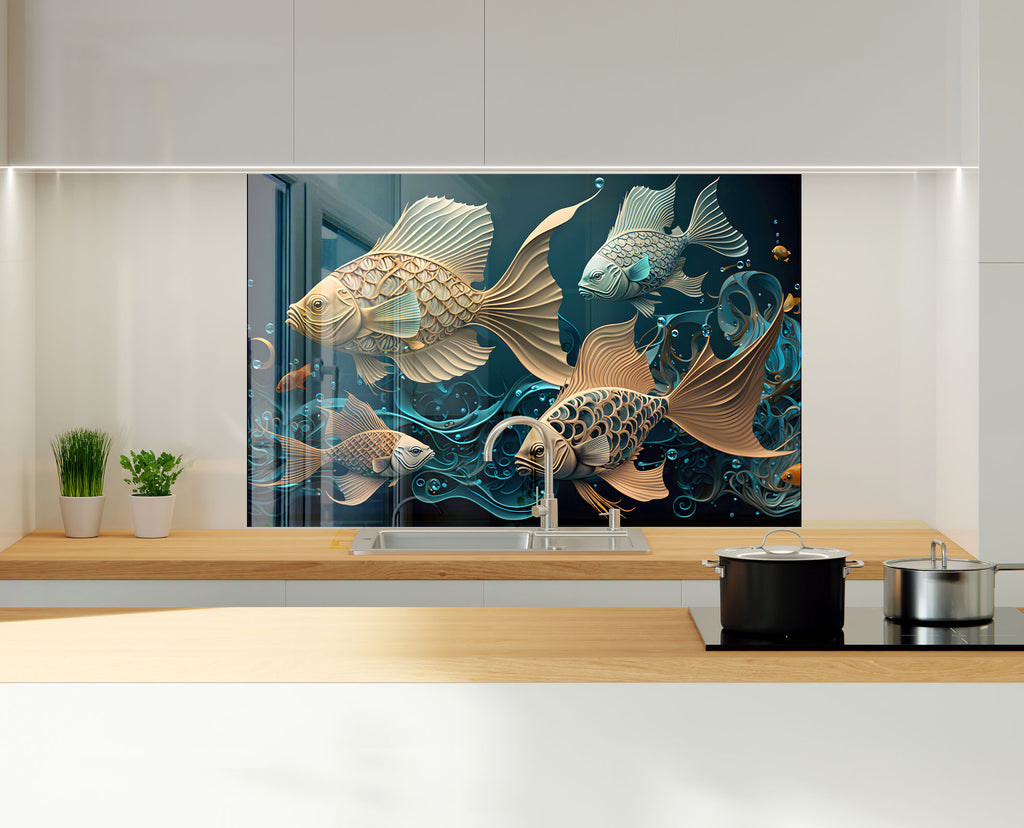 Gold & Blue Fish – Glass Kitchen Backsplash-BacksplashArtworks