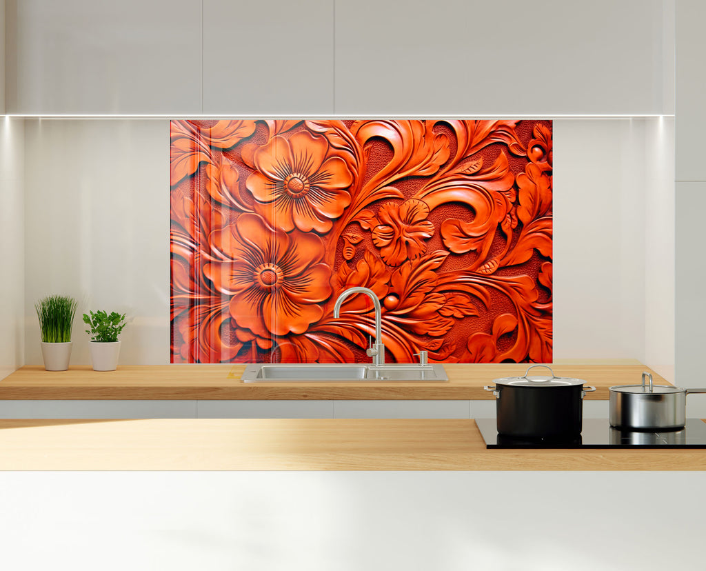 Fiery Floral Engraving - Glass Kitchen Backsplash-BacksplashArtworks