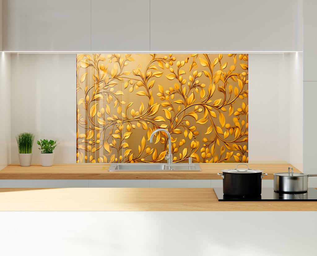 Golden Vine Elegance - Glass Kitchen Backsplash-BacksplashArtworks