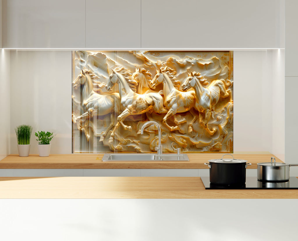 Golden Stallion Majesty - Embossed Glass Kitchen Backsplash-BacksplashArtworks