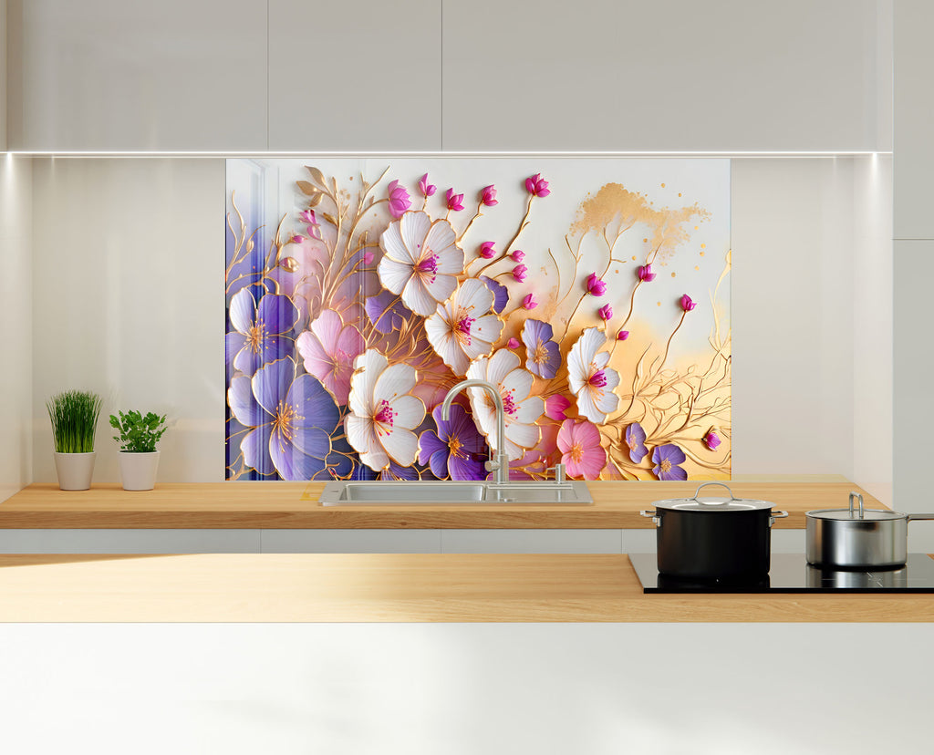Golden Blossom Elegance - Glass Kitchen Backsplash-BacksplashArtworks