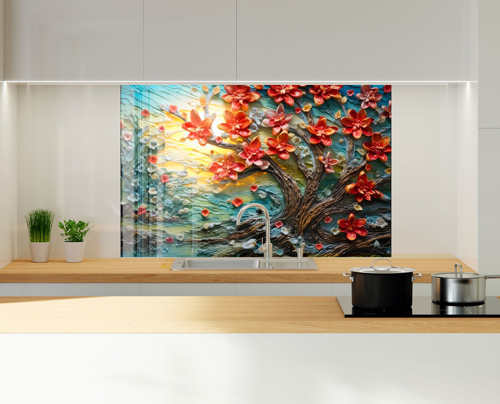 Blossoming Sunrise Tree - Glass Kitchen Backsplash-BacksplashArtworks