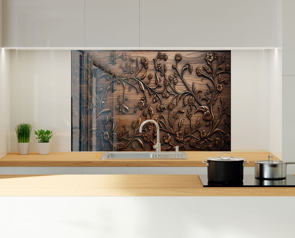 Ornate Floral Elegance - Copper-Toned Glass Kitchen Backsplash-BacksplashArtworks