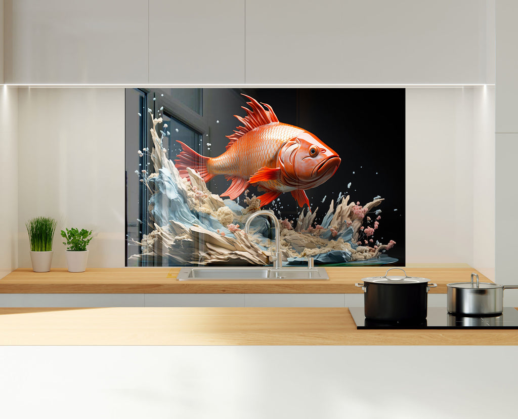 Golden Fish – Glass Kitchen Backsplash-BacksplashArtworks
