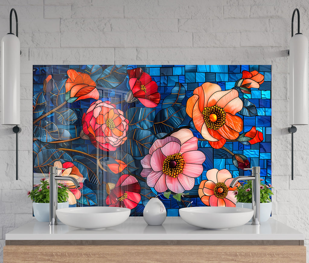 Stained Glass Floral Art - Glass Kitchen Backsplash-BacksplashArtworks