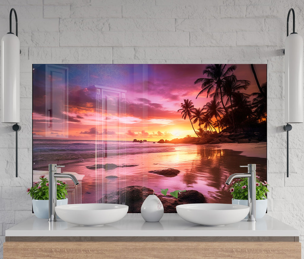 Tropical Sunset Beach Wall Art – Tempered Glass Kitchen Backsplash-BacksplashArtworks