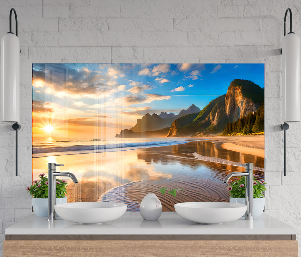 Majestic Mountain Beach Sunset Wall Art – Tempered Glass Kitchen Backsplash-BacksplashArtworks