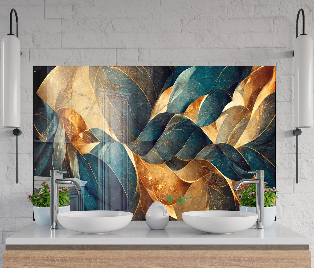 Golden Flow – Luxurious - Glass Kitchen Backsplash-BacksplashArtworks