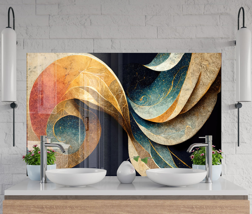 Abstract Gold & Blue - Glass Kitchen Backsplash-BacksplashArtworks