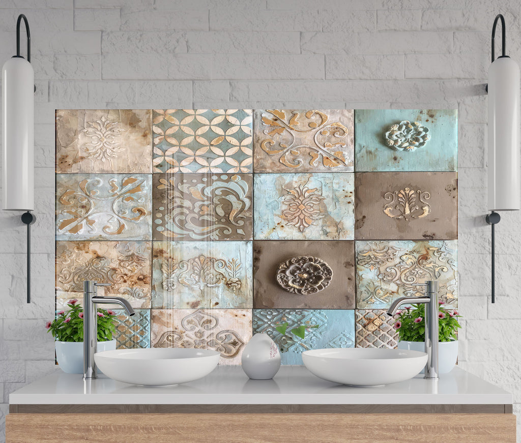 Tempered Glass Kitchen Backsplash with Vintage Tile Design and Gas Stove-BacksplashArtworks