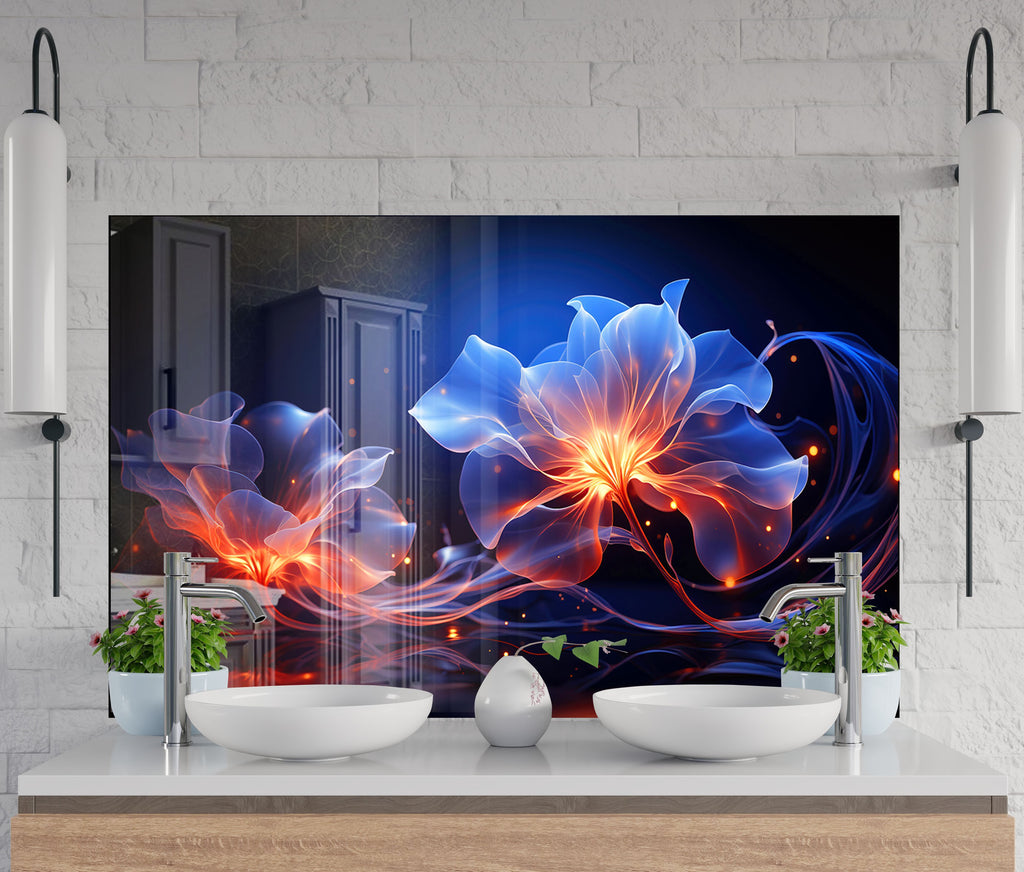 Glowing Neon Floral Art - Glass Kitchen Backsplash-BacksplashArtworks