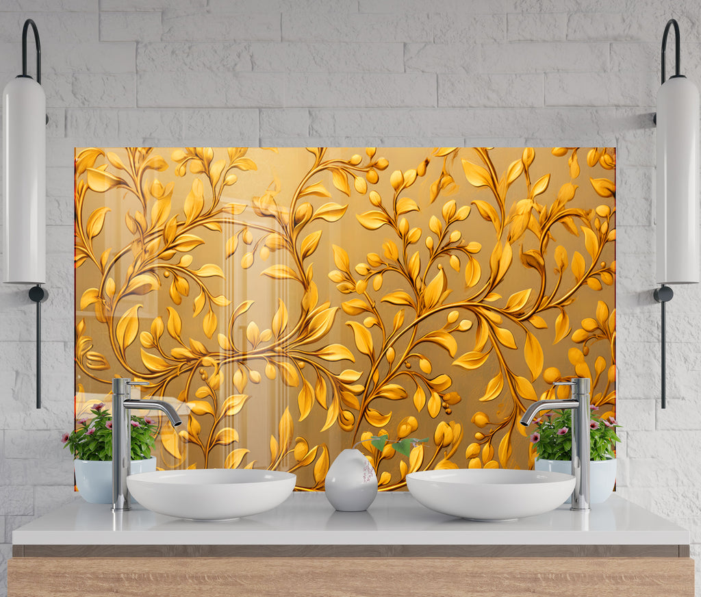 Golden Vine Elegance - Glass Kitchen Backsplash-BacksplashArtworks