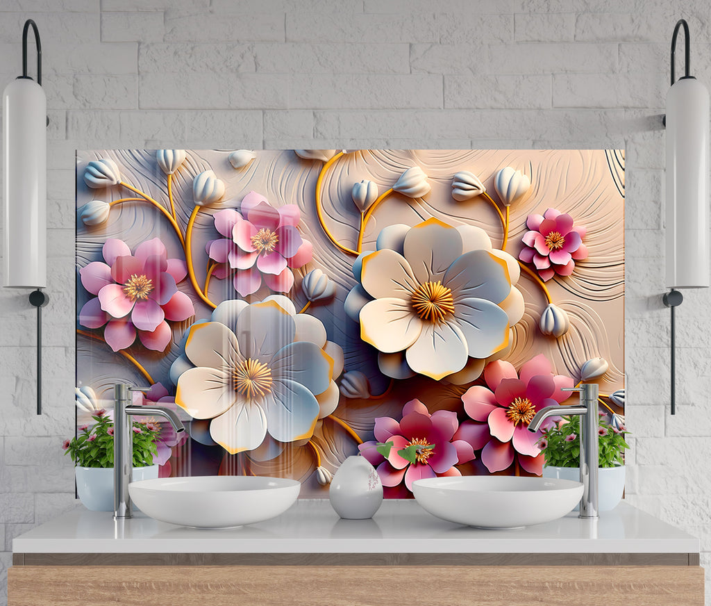 Soft Bloom Elegance - Glass Kitchen Backsplash-BacksplashArtworks