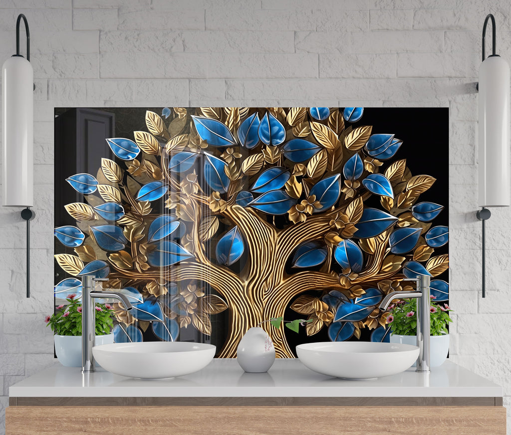 Golden Sapphire Tree - Glass Kitchen Backsplash-BacksplashArtworks