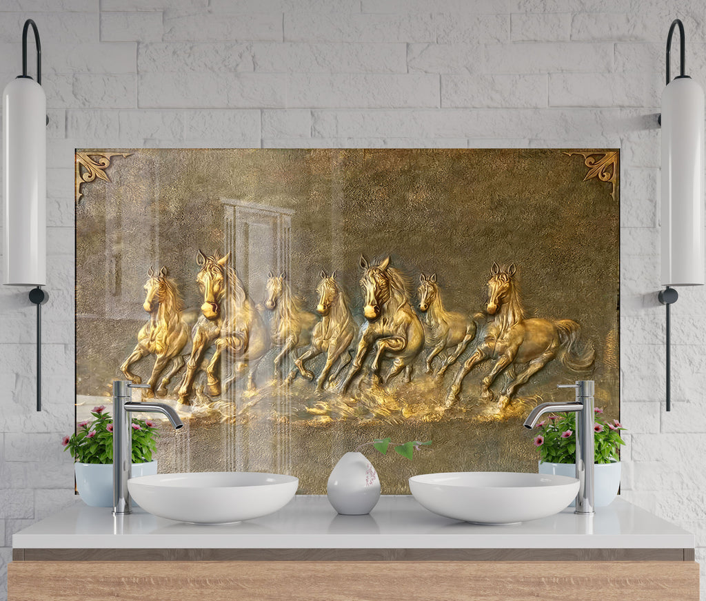 Golden Horses - Glass Kitchen Backsplash-BacksplashArtworks